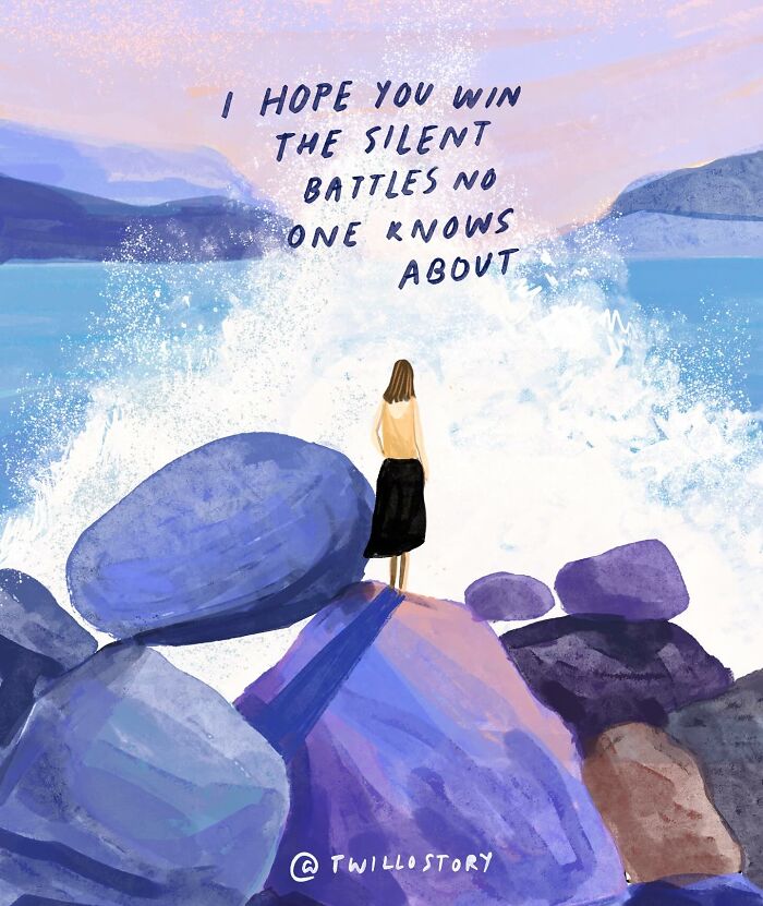 Illustration for mental wellness and positivity featuring a person standing on rocks by the sea with uplifting text.