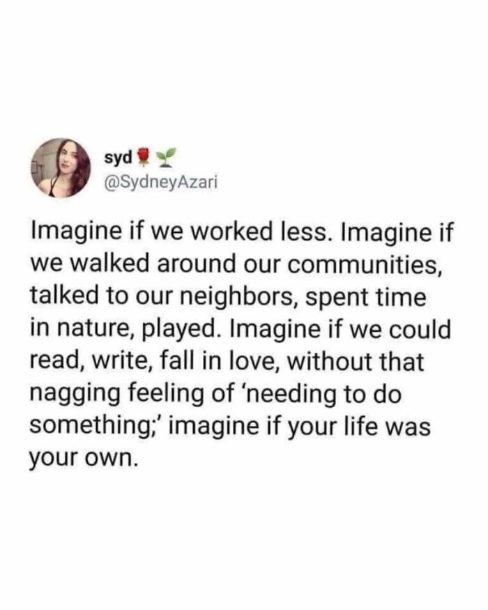 Text post by syd@sydneyazari on anti-capitalism, imagining a life with less work and more community and personal fulfillment.