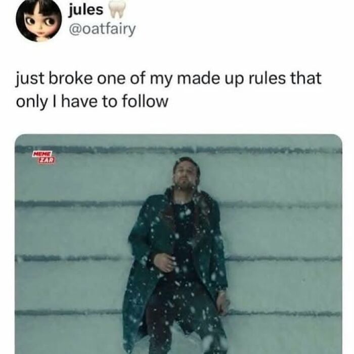 A man lies in the snow, a mental health meme about made-up rules and self-reflection.