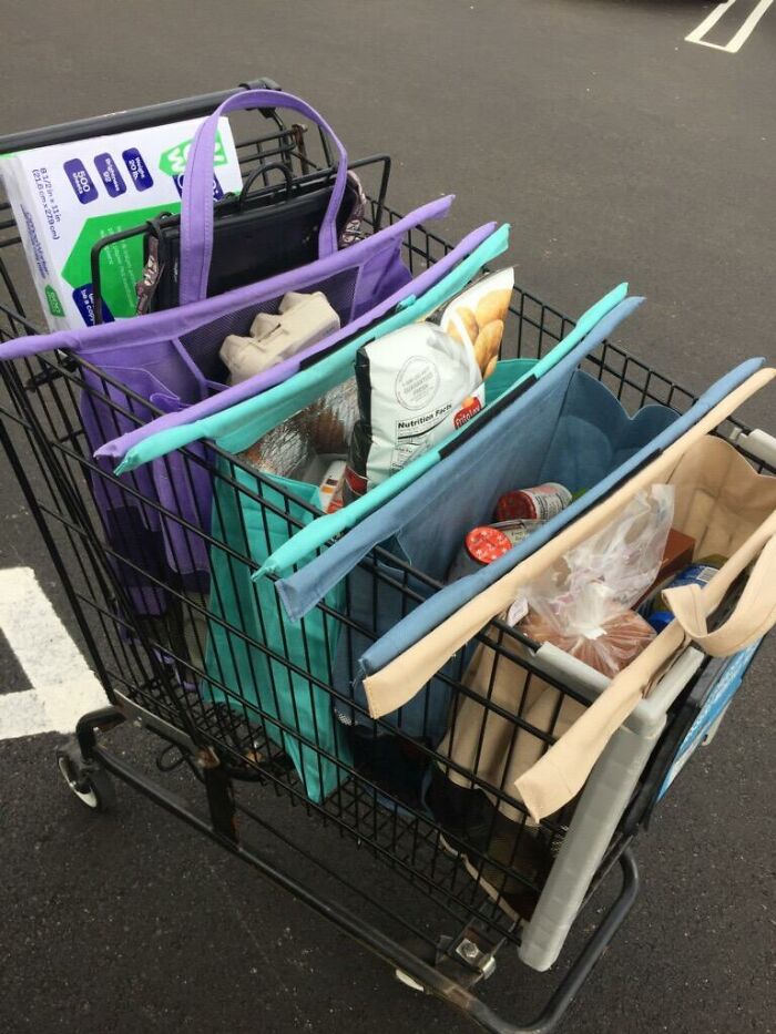 Shopping cart organized with reusable bags and groceries, highlighting items worth every cent for long-term use.