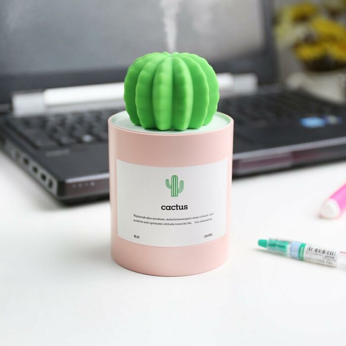 Cactus-themed humidifier on a desk near a laptop, part of work from home tech essentials.