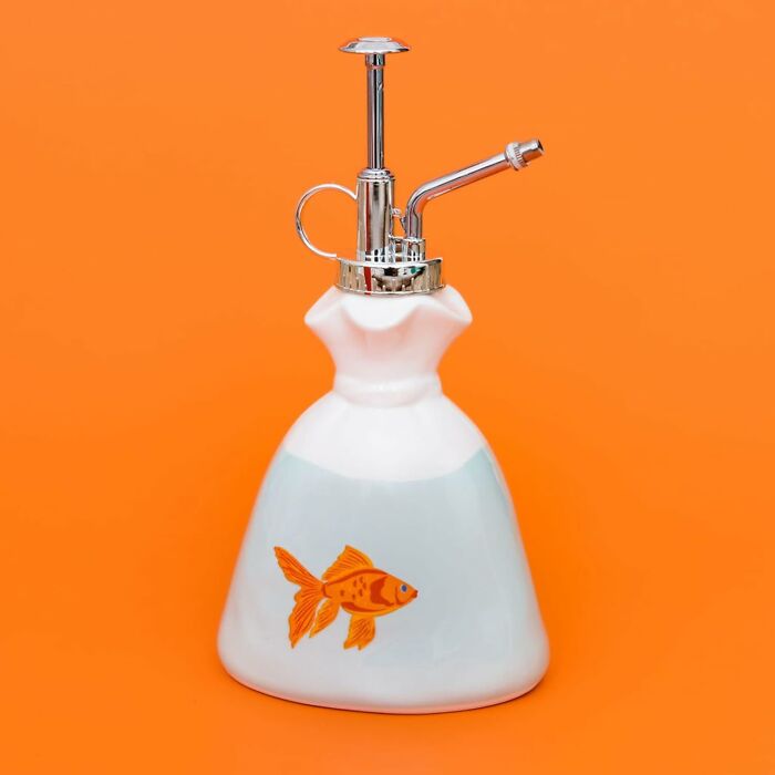 Ceramic water mister from Bando featuring a goldfish print on an orange background.