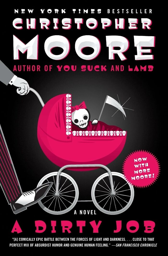 Book cover of "A Dirty Job" by Christopher Moore featuring a quirky illustration with a skull in a pram.