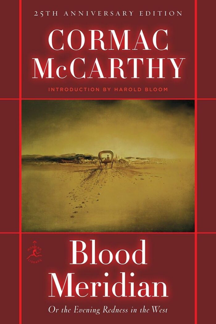 Cover of Cormac McCarthy’s “Blood Meridian,” featuring a figure in a wagon under a vast sky, a weird but wonderful read.