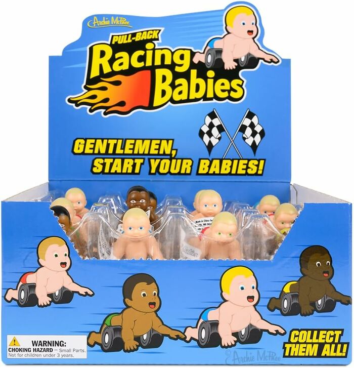 Archie Mcphee items display box with pull-back racing babies toys, promoting a fun collectible series.
