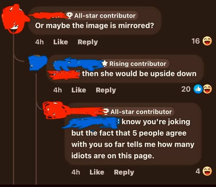 Humorous social media exchange where users incorrectly correct each other.
