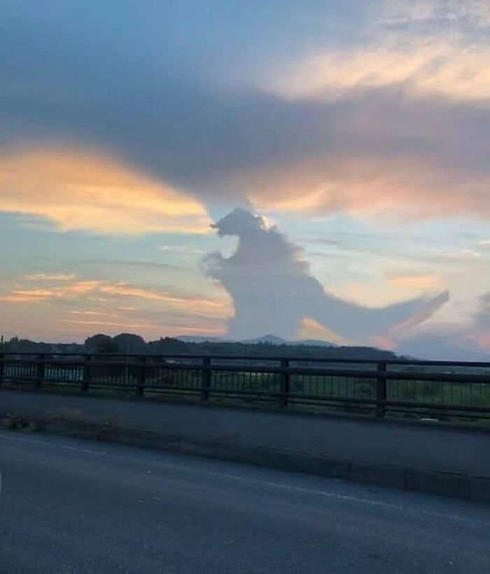 Nube con forma de dinosaurio durante el atardecer sobre un puente.