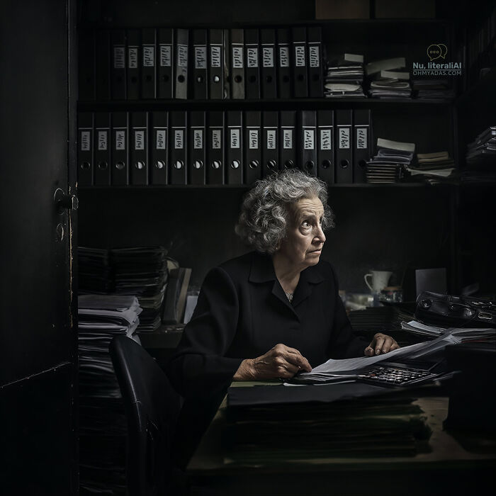 An elderly woman in a dimly-lit office surrounded by stacks of files, illustrating funny Lithuanian idioms.
