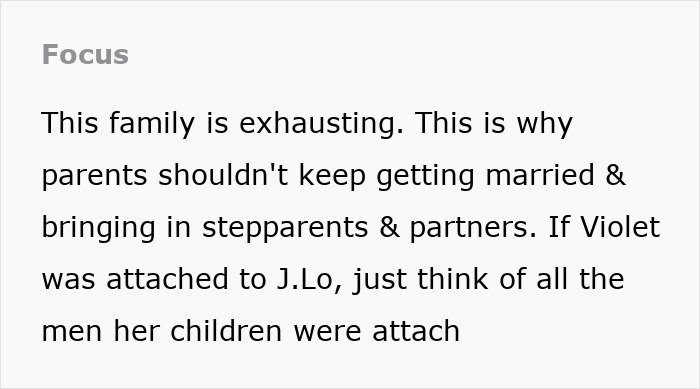 Text discussing the challenges of family dynamics and numerous marriages affecting children, mentioning Ben Affleck, Jennifer Garner, and JLo.