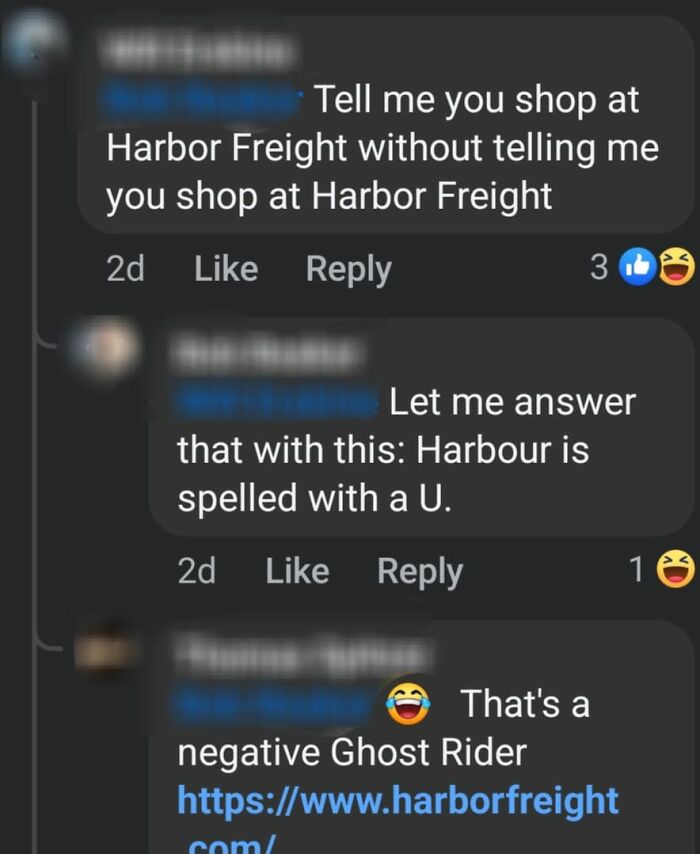 Facebook comments showing an incorrect correction about "Harbor Freight," with users humorously responding.