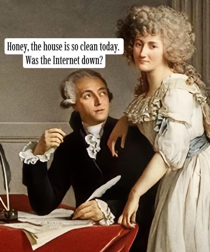 Classical painting meme with a humorous caption about internet downtime and cleaning the house.