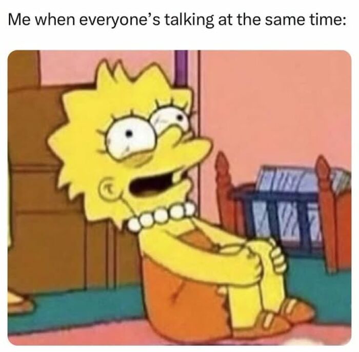 Cartoon character sitting on the floor, looking stressed with wide eyes, illustrating a mental health meme.