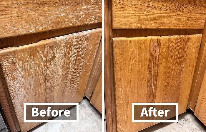 Before and after comparison of a wooden cabinet door restoration, showing dramatic improvement.