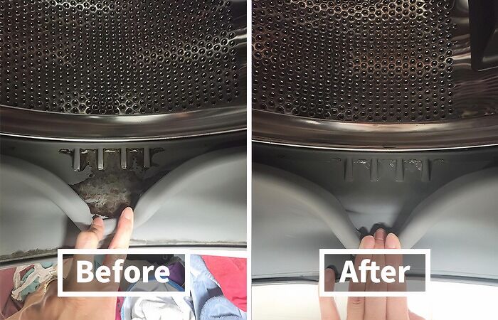 Before and after of a washing machine, showing a transformation from dirty to clean.