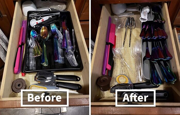 Before and after drawer organization of colorful utensils, showing improved arrangement and neatness.