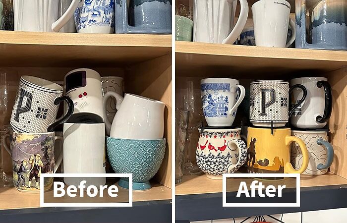 Before and after image of reorganized mugs in a cabinet, showcasing improved kitchen organization.