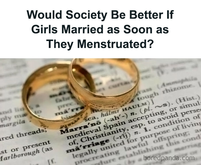 Two wedding rings on a dictionary page about marriage, with a provocative question about early marriage above.