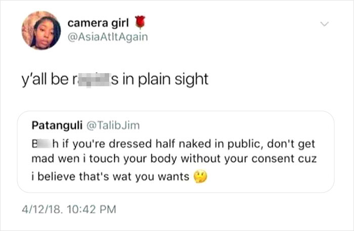 Tweet responding to a misogynist's inappropriate comment about consent and public attire.