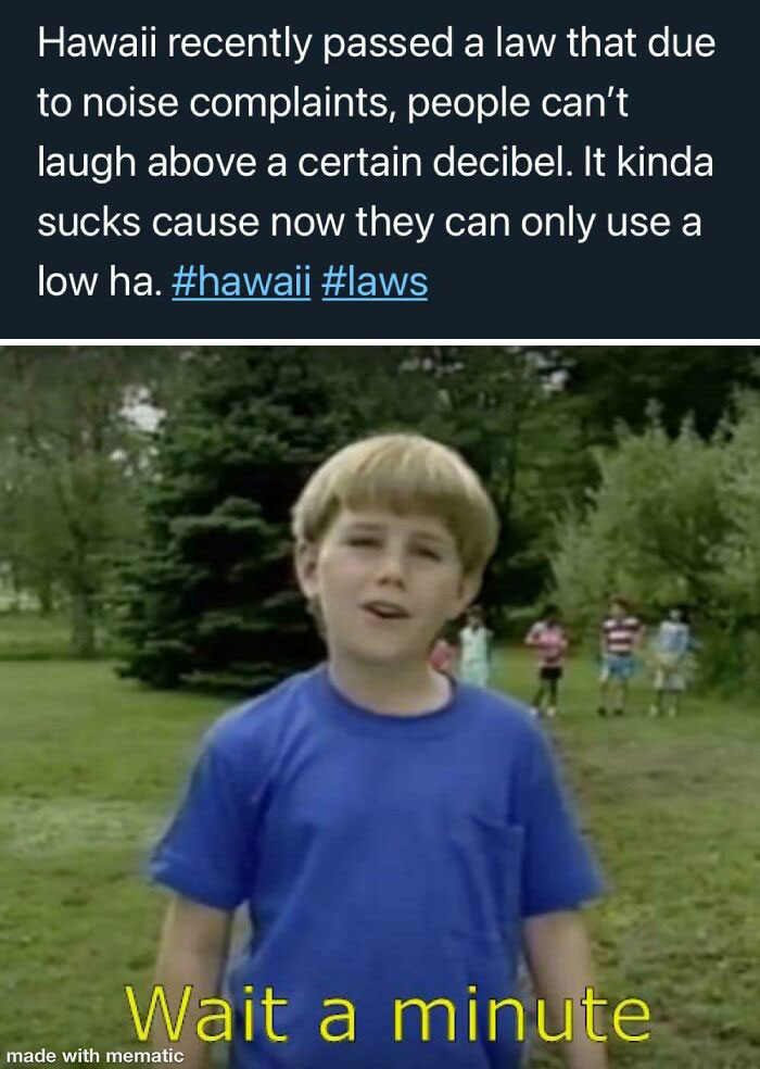 Young boy outdoors reacting to meme text about Hawaii noise law, humorously emphasizing “Wait a minute.”