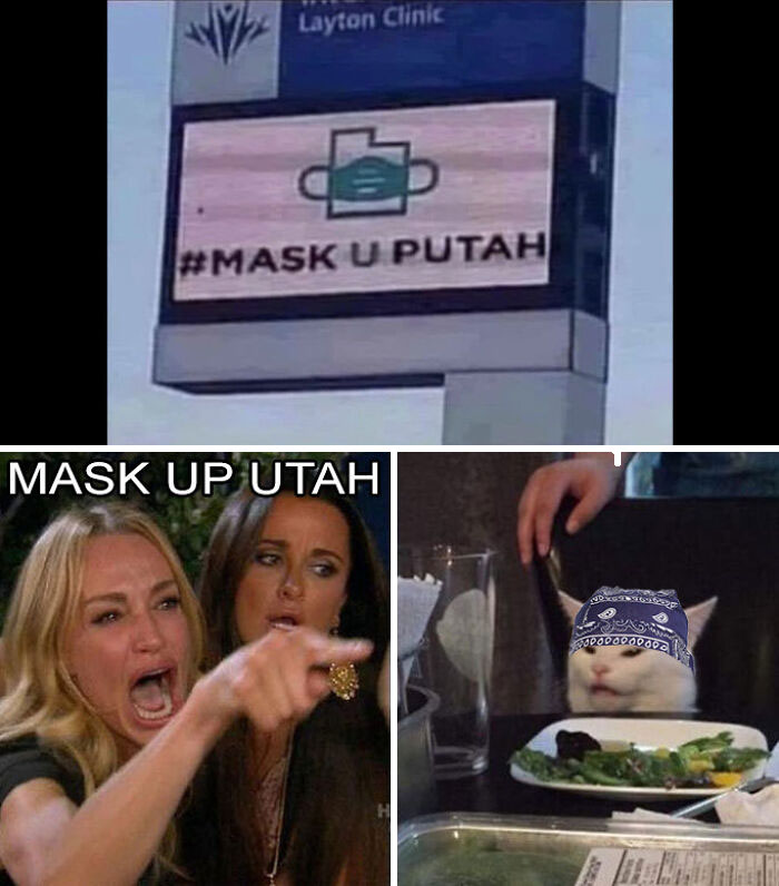 Meme about Utah features a clinic sign and a popular meme format with a cat and two women reacting.