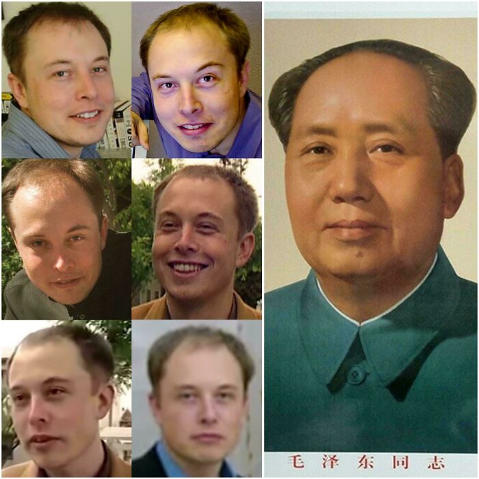 Collage of images depicting a man with multiple unfortunate haircuts alongside a portrait of Mao Zedong.