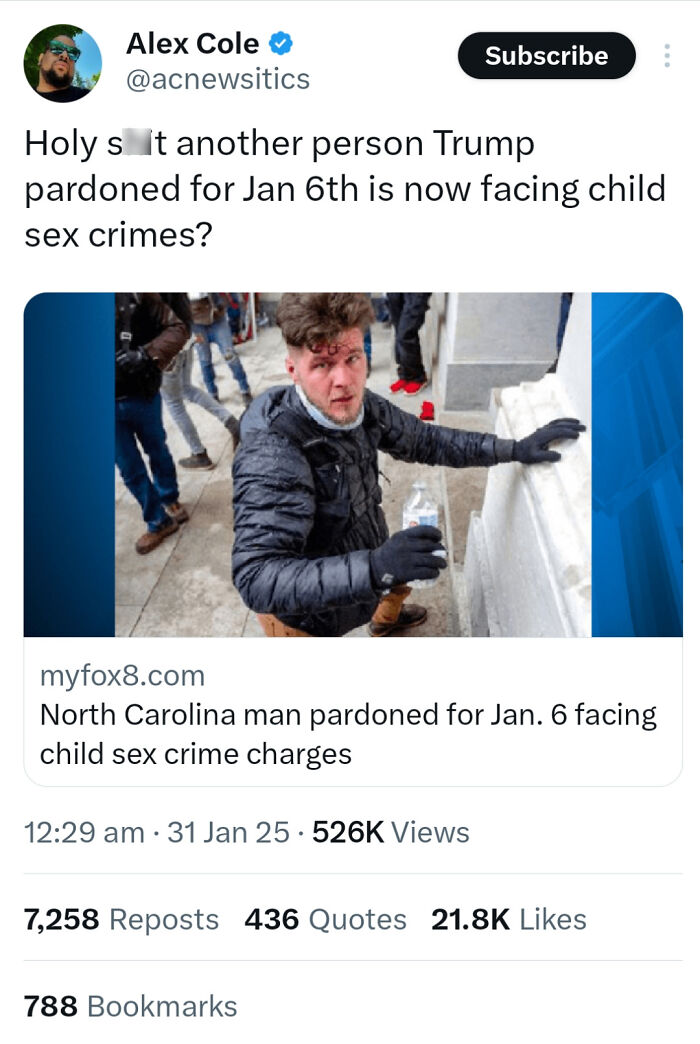 Tweet about a North Carolina man pardoned for Jan 6 now facing child s*x crime charges, highlighting facepalm moments in America.