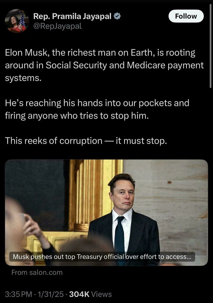 Tweet showing courage with bold claims about Elon Musk and corruption in Social Security systems.