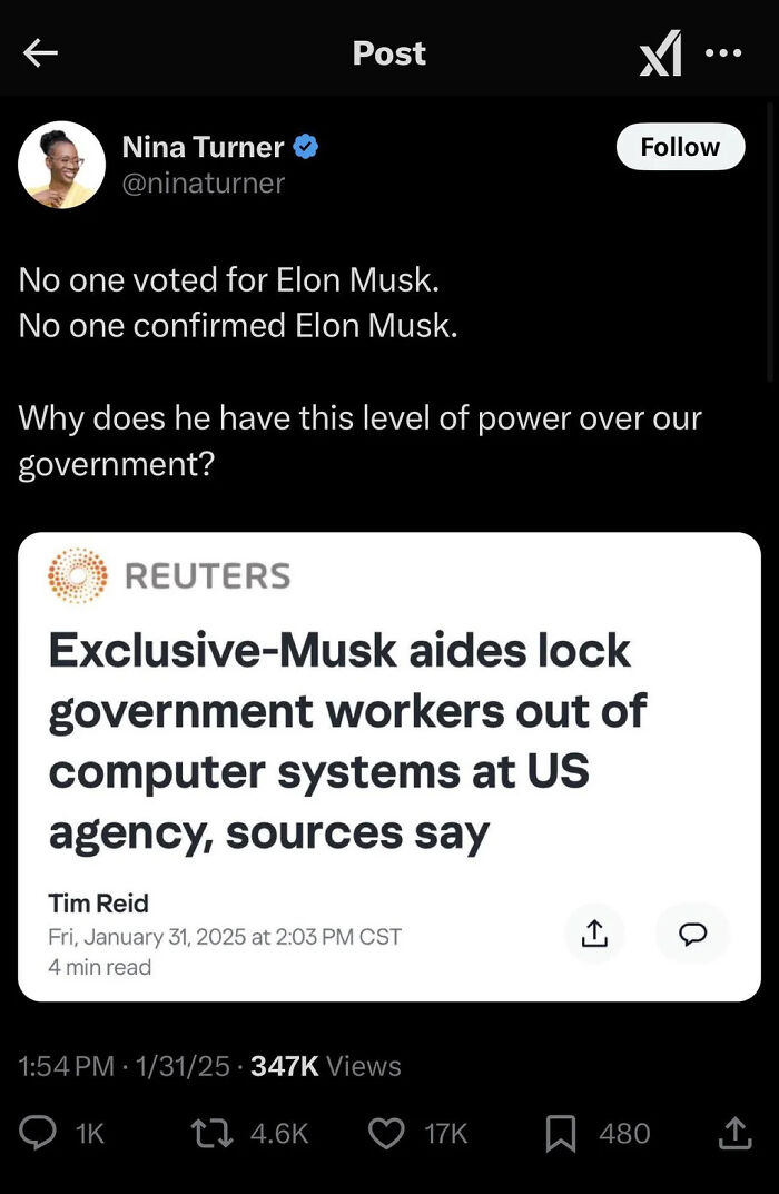 Tweet questioning Elon Musk’s government power with news headline about Musk aides locking out US government workers from systems.