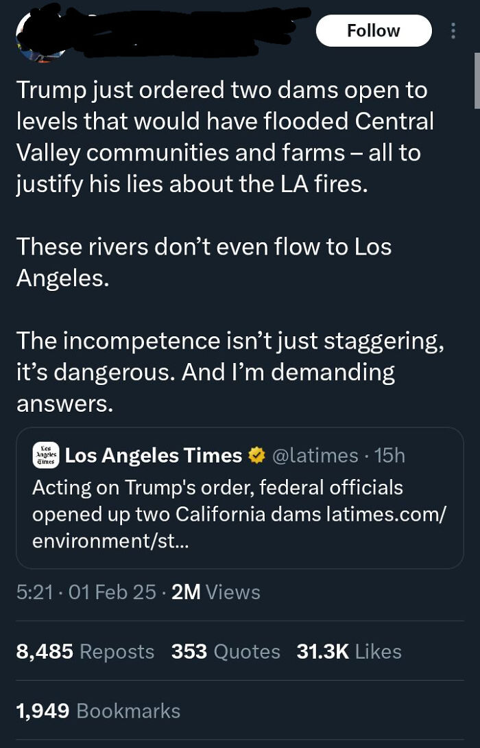 Tweet discussing dam openings ordered by Trump causing facepalm moments related to incompetence and common sense failures.