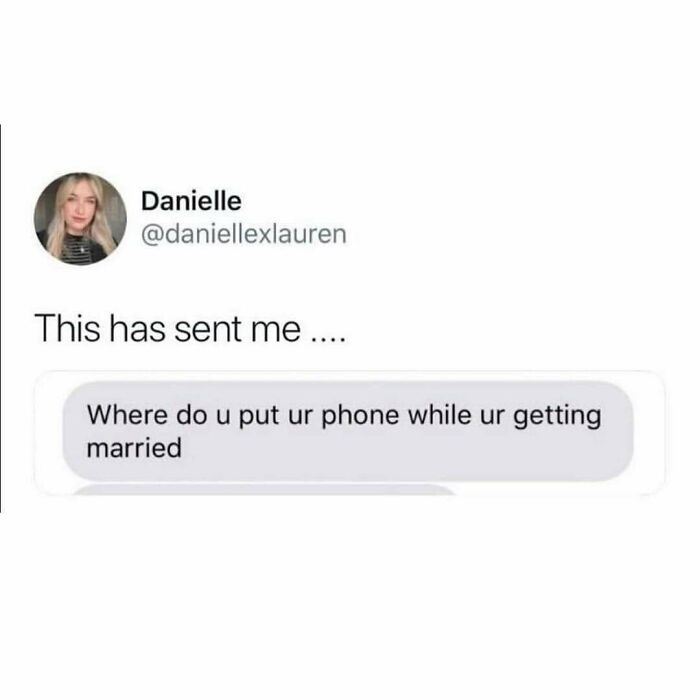Tweet joke about where to put your phone during a wedding, relatable to the Avocado Generation.