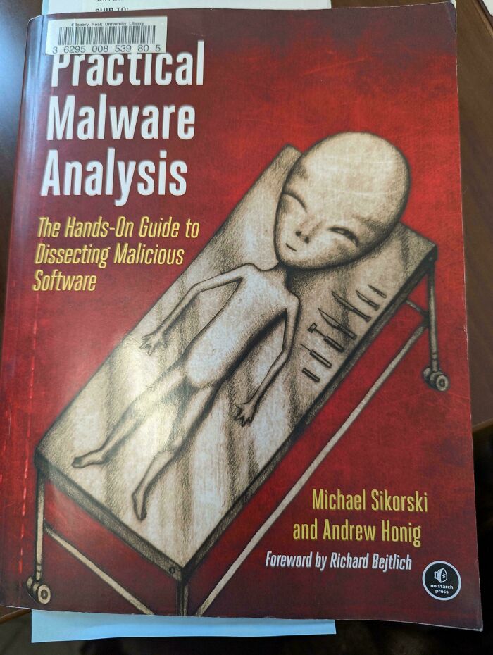 Terrible book cover of "Practical Malware Analysis" featuring an eerie alien figure on a red background.