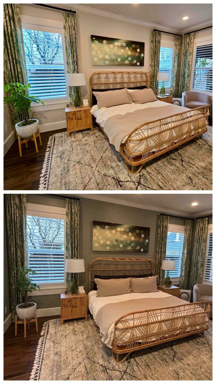 Cozy bedroom with rattan bed, green patterned curtains, wooden nightstands, and decorative artwork in beautifully decorated homes.