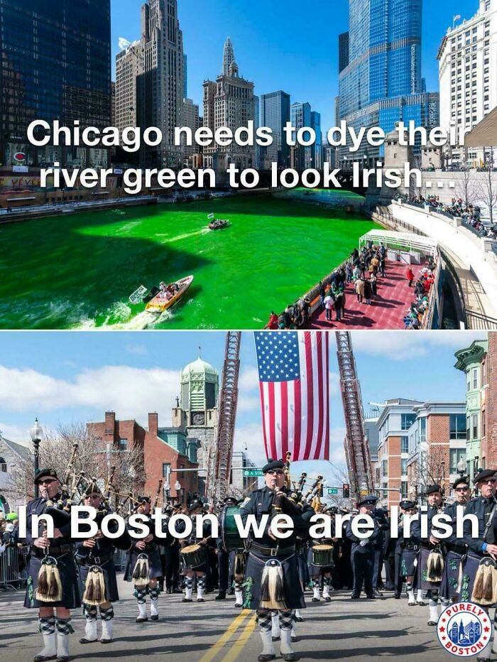 Chicago River dyed green for St. Patrick's Day and Boston police marching in an Irish parade with bagpipes.