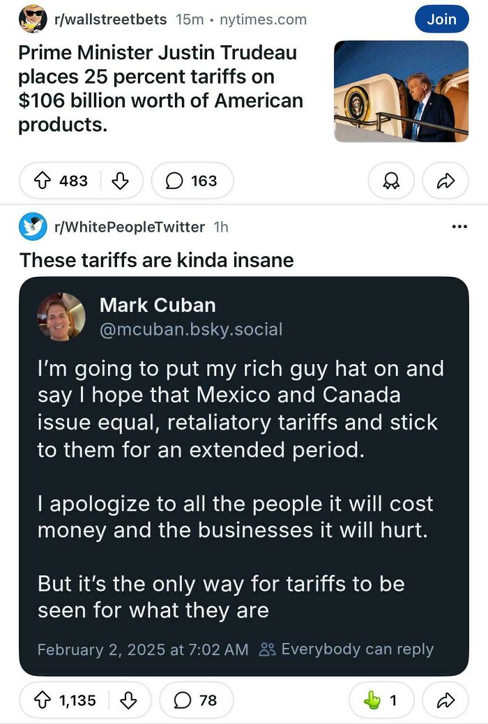 Justin Trudeau imposes 25% tariffs on American products, as predicted, sparking online reactions about tariffs.
