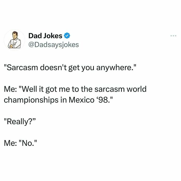 Dad jokes text post from a humor-focused IG account with a sarcasm-themed conversation.
