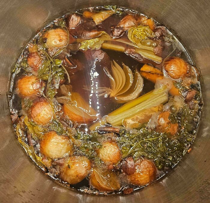 Rustic vegetable broth with onions and celery, resembling an accidental renaissance painting.