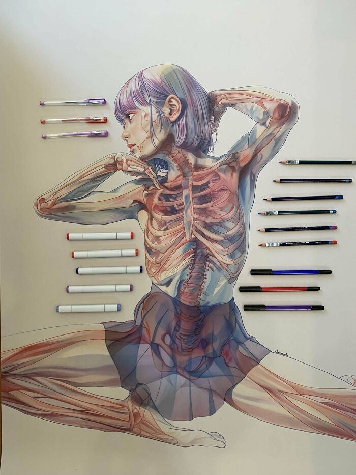 "Artwork of a seated person with visible muscles and bones, surrounded by drawing pens, showcasing a creative DIY project."