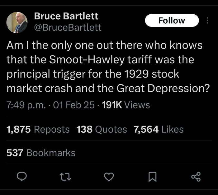 Tweet about the Smoot-Hawley tariff triggering the 1929 stock market crash, a facepalm moment in common sense.