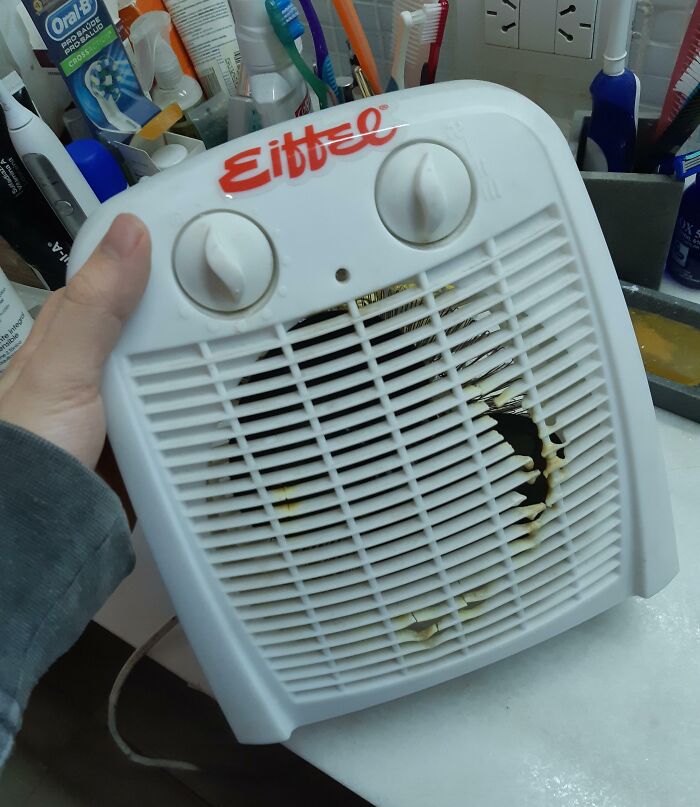 Damaged heater with melted plastic grill, showing an example of low-quality items people purchased.