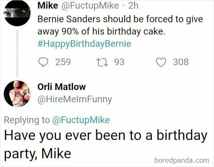 Two tweets about Bernie Sanders and birthday cake with a funny reply about parties.