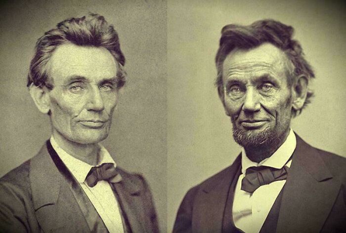 Two rare historical photos of Abraham Lincoln, one younger and one older, both in formal attire.