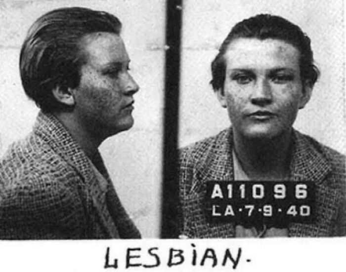 Historic mugshot from 1940, showing a woman labeled "lesbian," reflecting societal views of the time.