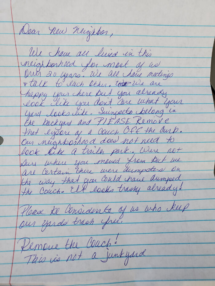 Handwritten letter from a disgruntled neighbor about neighborhood appearance.