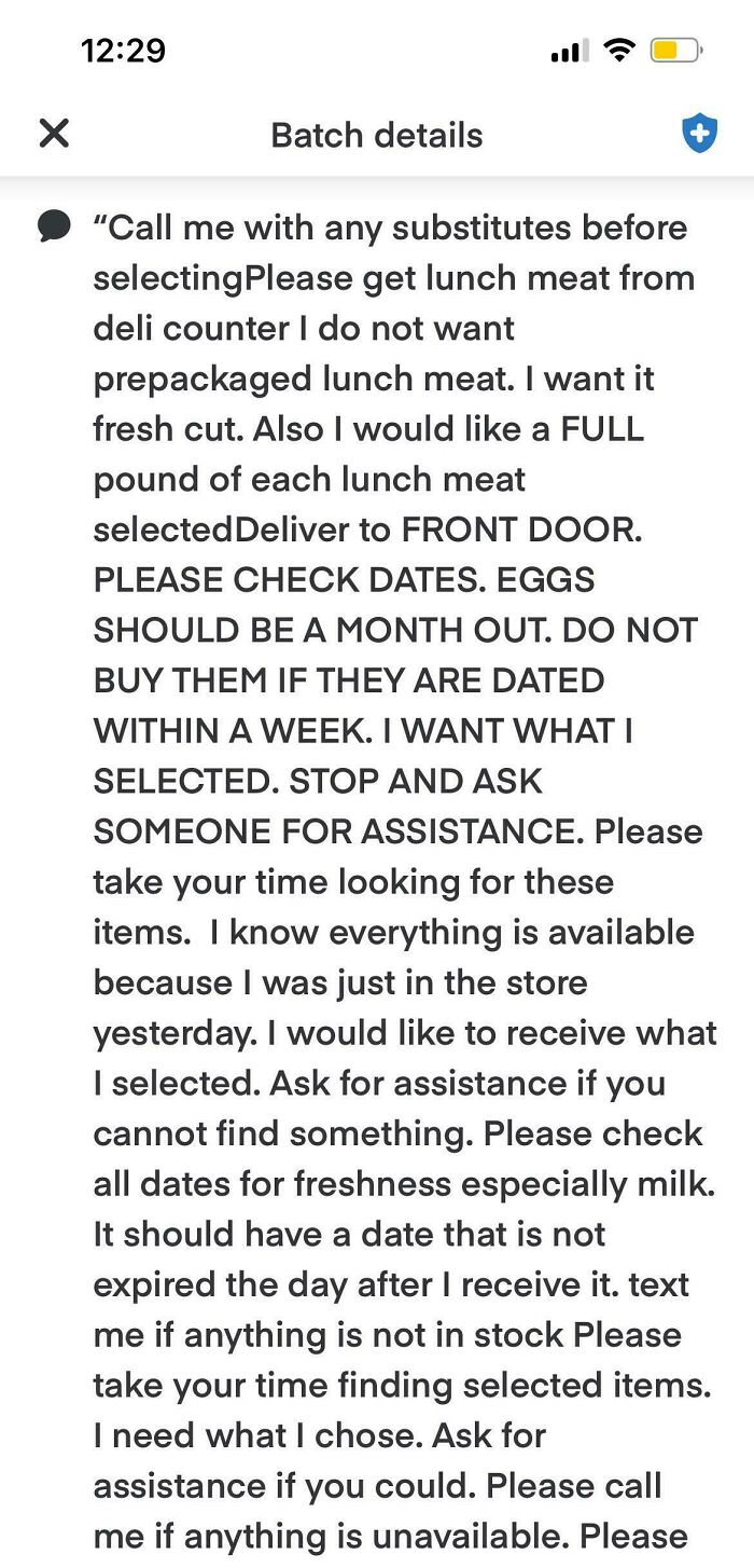 Instacart shopper note with detailed instructions on selecting fresh deli meat and ensuring product freshness.