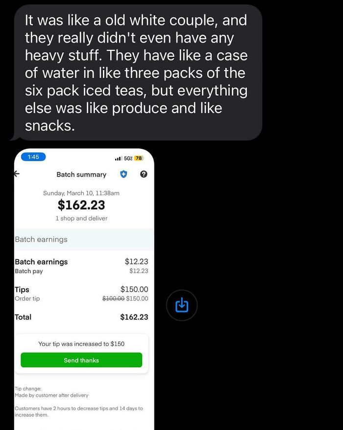 Instacart shopper shares a text and batch summary showing $162.23 earnings with a $150 tip increase.