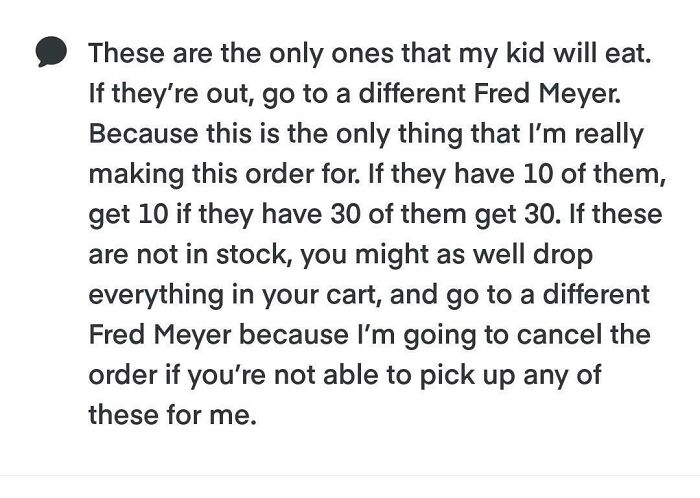 Text from Instacart shopper detailing a specific order request at Fred Meyer.