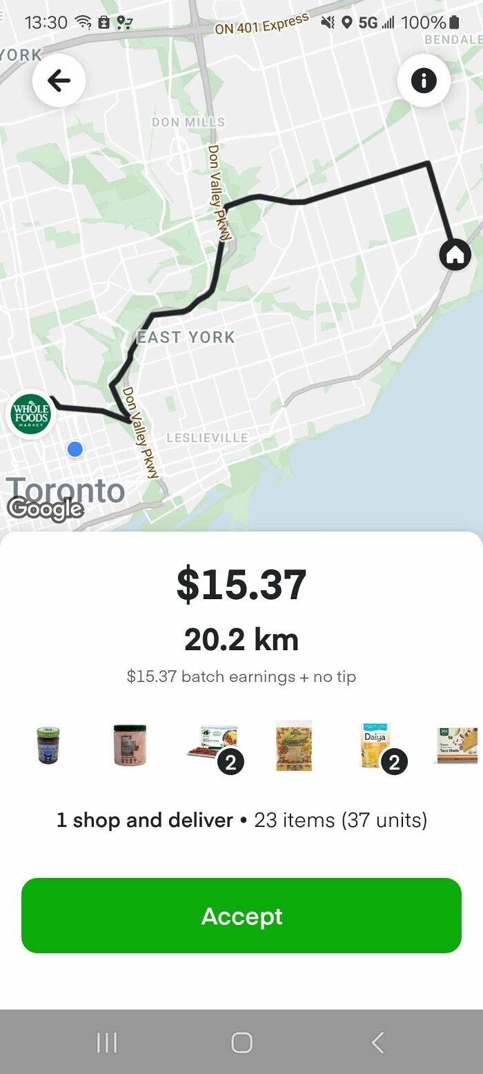 Instacart shopper view: $15.37 earnings for a 20.2 km delivery, 23 items, no tip included, Toronto map shown.