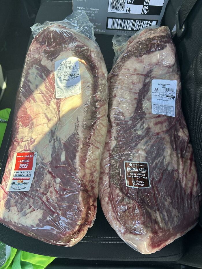 Two large packages of beef brisket on a car seat, shared by Instacart shoppers.