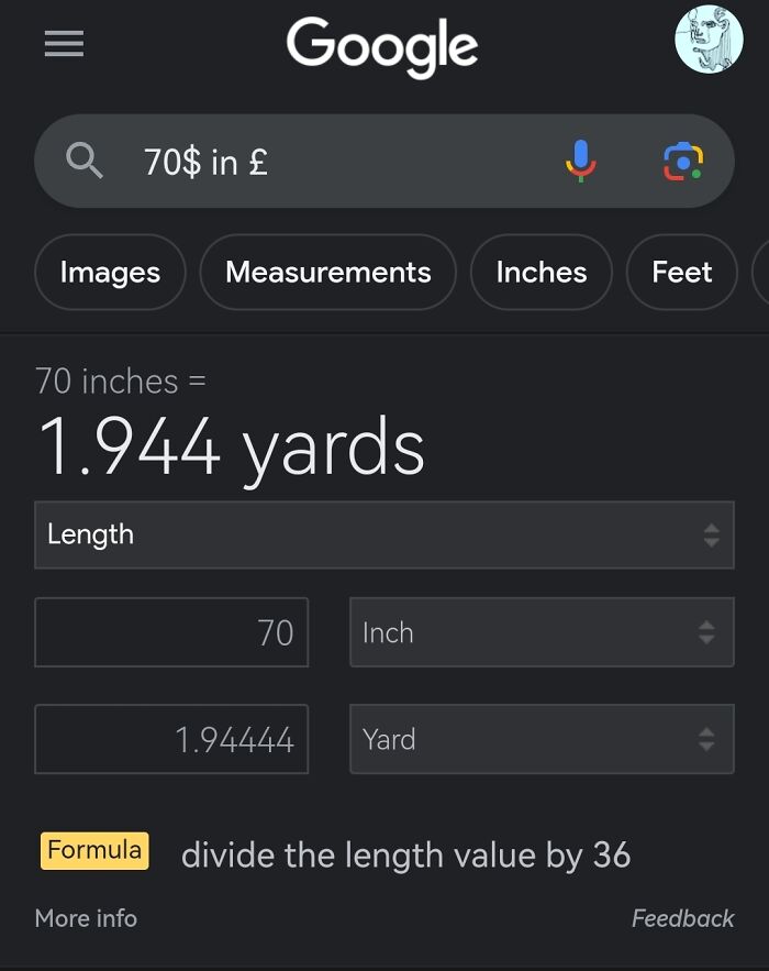 Google search showing hilarious misunderstandings with conversion of 70 inches to yards instead of currency.