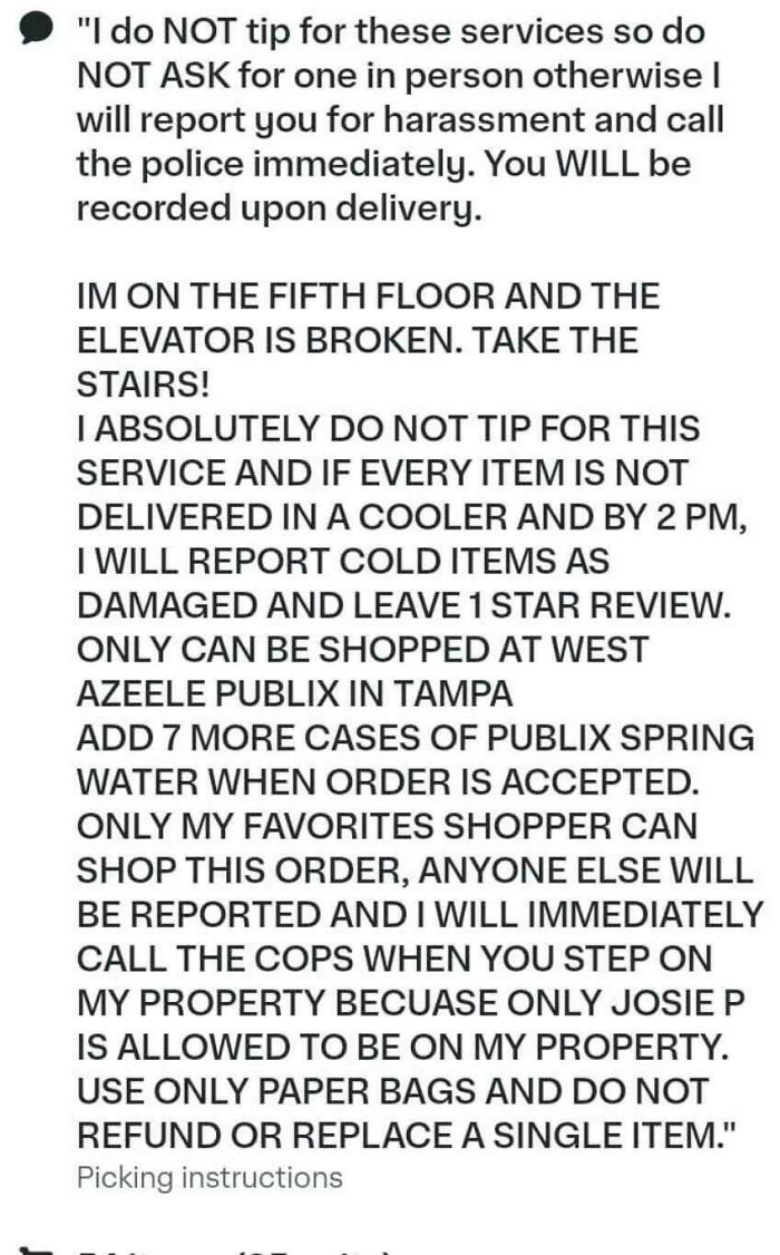 Demanding customer instructions for Instacart shoppers: no tips, specific delivery conditions.